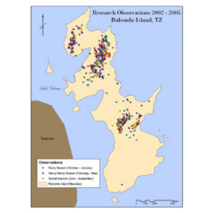 The image shows seasonal differences in chimpanzee sighting locations on Rubondo Island, Tanzania.