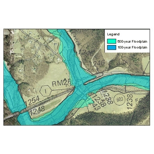 The image shows an aerial photograph, the existing FIRM, and the redelineated 100 and 500-year recurrence interval floodplains.
