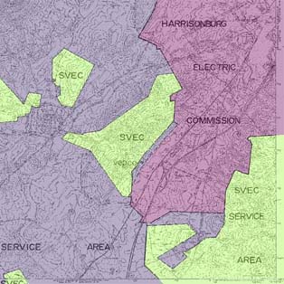 This map displays a digital version of electric services areas surrounding the Harrisonburg area after being manually digitized.