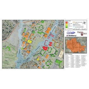 Map of Virginia Tech's campus flood susceptible areas.