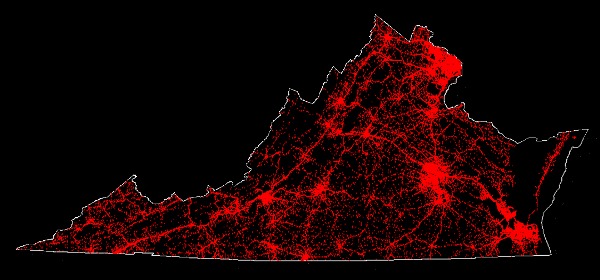Scatterplot of police-reported crash locations in Virginia in 2011
